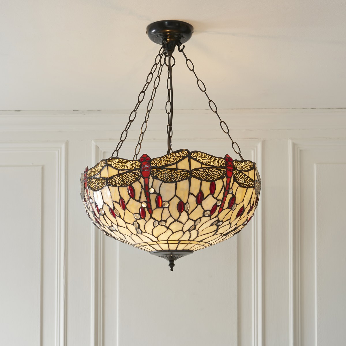 Interiors 1900 Dragonfly Large Inverted 3 Light Tiffany Pendant Light in Satin Black with Beige Glass