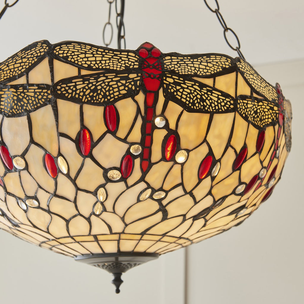 Interiors 1900 Dragonfly Large Inverted 3 Light Tiffany Pendant Light in Satin Black with Beige Glass