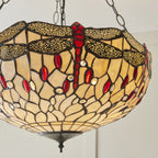 Interiors 1900 Dragonfly Large Inverted 3 Light Tiffany Pendant Light in Satin Black with Beige Glass