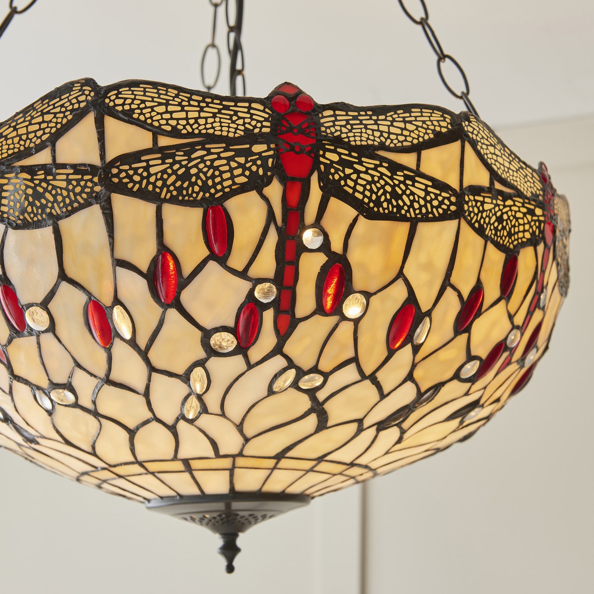 Interiors 1900 Dragonfly Large Inverted 3 Light Tiffany Pendant Light in Satin Black with Beige Glass