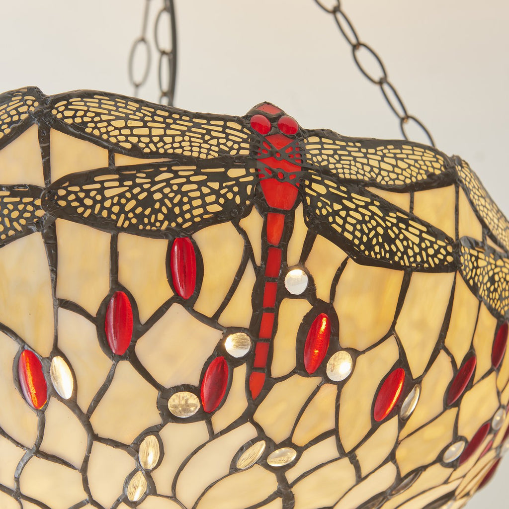Interiors 1900 Dragonfly Large Inverted 3 Light Tiffany Pendant Light in Satin Black with Beige Glass