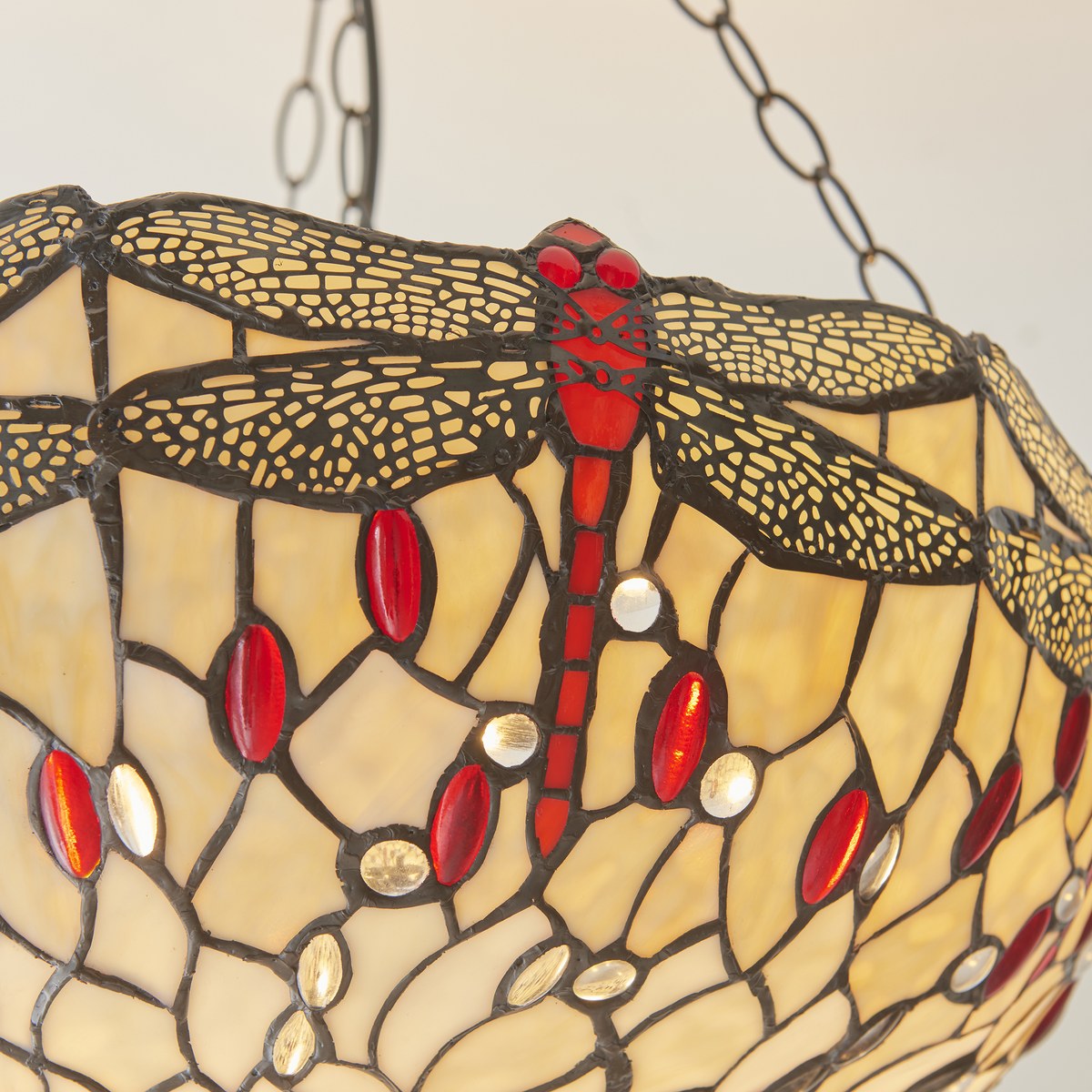 Interiors 1900 Dragonfly Large Inverted 3 Light Tiffany Pendant Light in Satin Black with Beige Glass