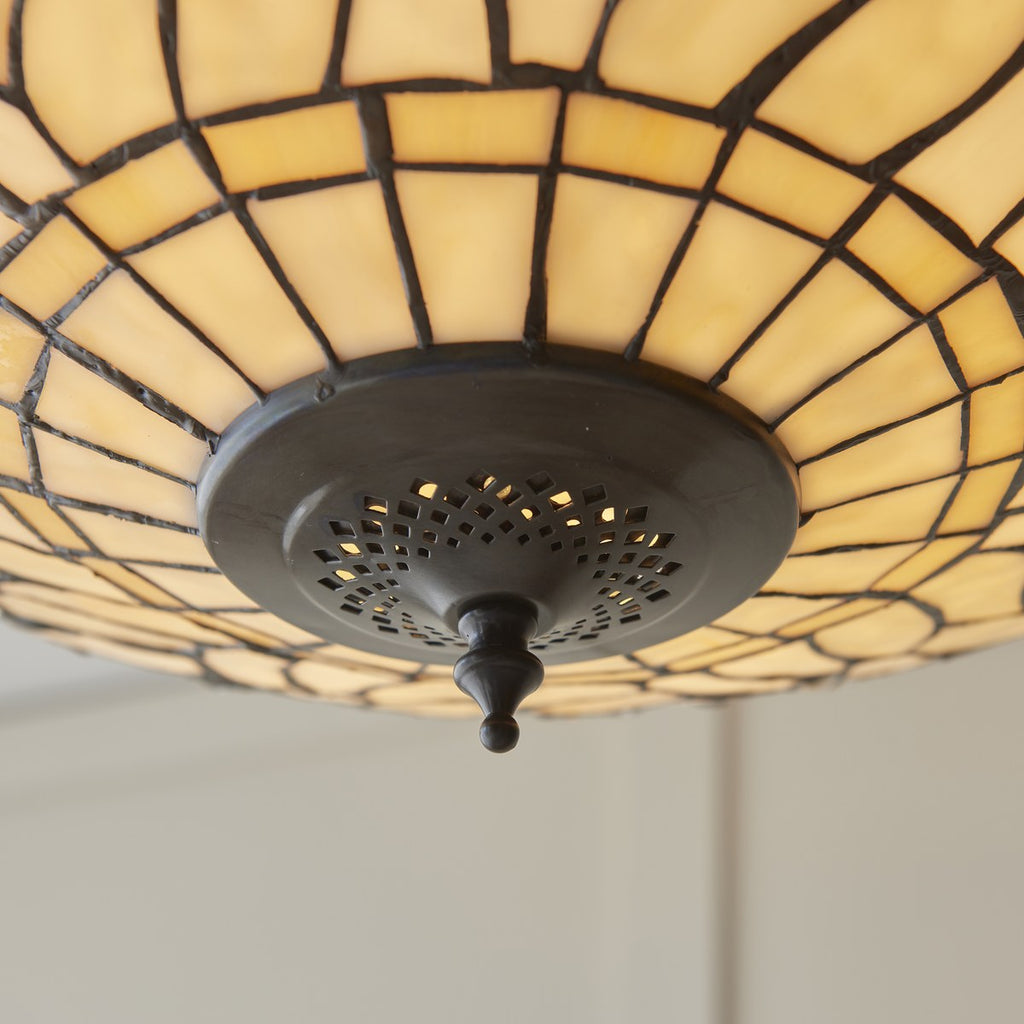 Interiors 1900 Dragonfly Large Inverted 3 Light Tiffany Pendant Light in Satin Black with Beige Glass