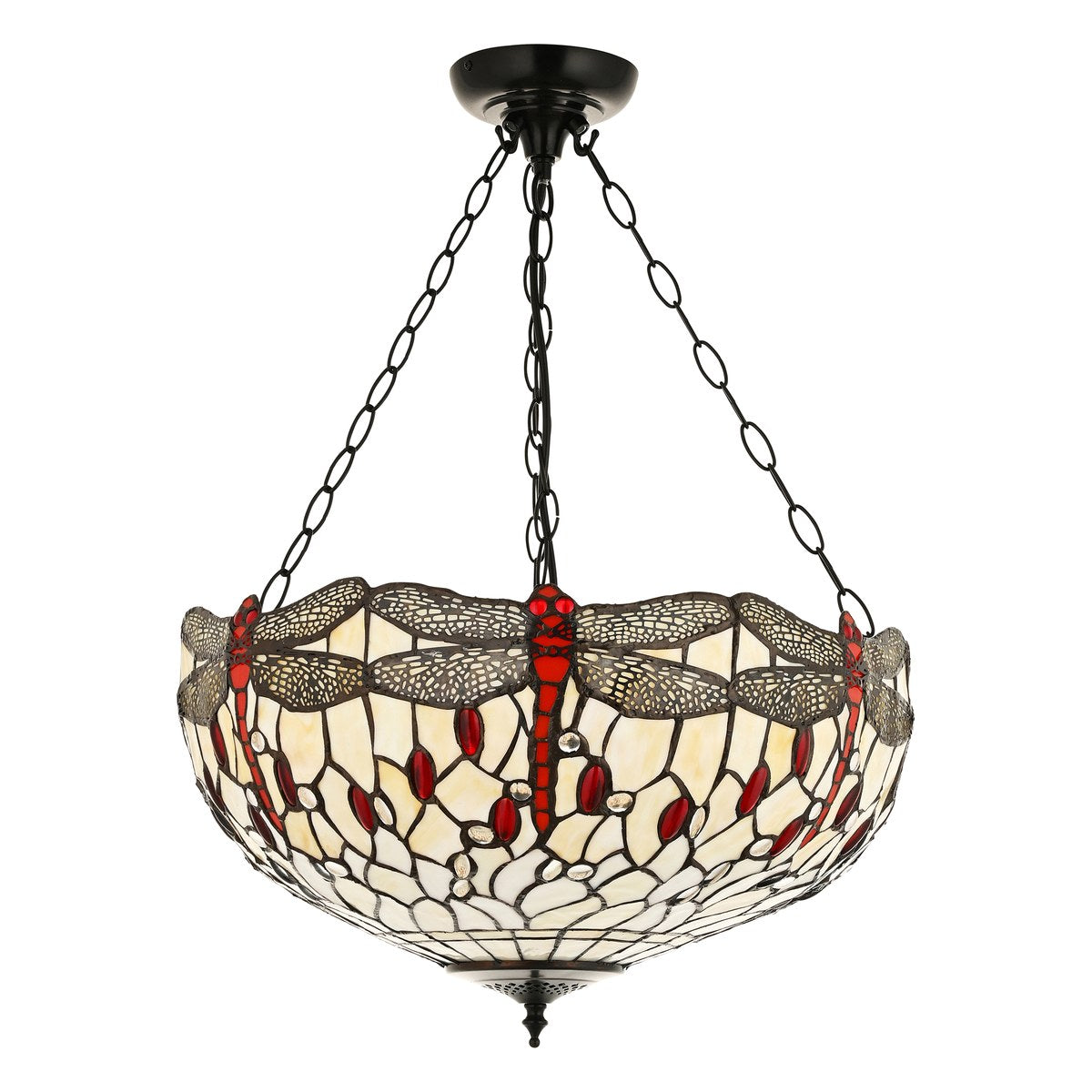 Interiors 1900 Dragonfly Large Inverted 3 Light Tiffany Pendant Light in Satin Black with Beige Glass