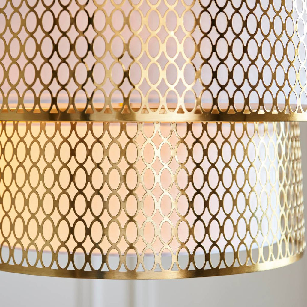Endon Cordero 6 Light Pendant with Gold and White Fabric and Frosted Glass Shade
