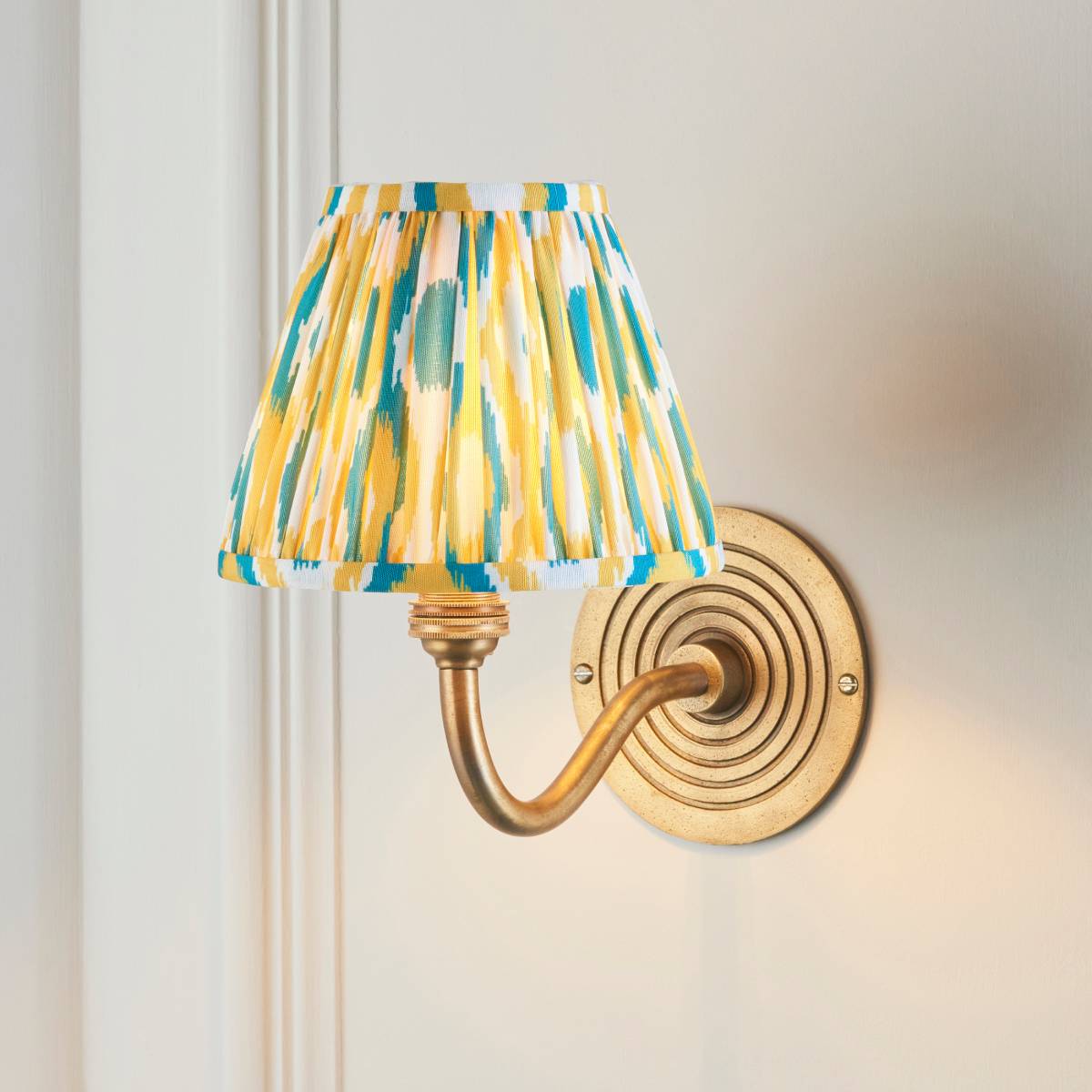 Endon Ripple Curve and Ikat 16cm Wall Light in Antique Brass With Yellow and Jade Shade