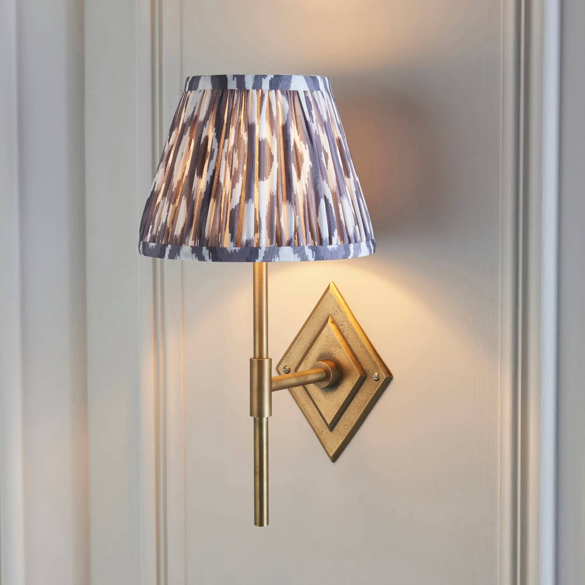 Endon Diamond Tall and Ikat 20cm Wall Light in Antique Brass and Pearl Grey Shade