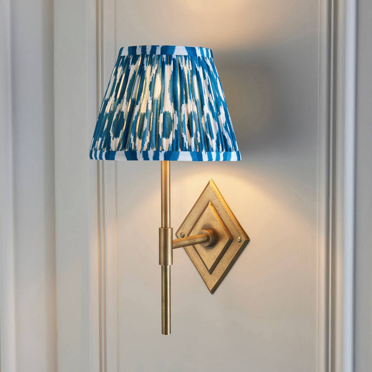 Endon Diamond Tall and Ikat 20cm Wall Light in Antique Brass and Marlin Blue Shade