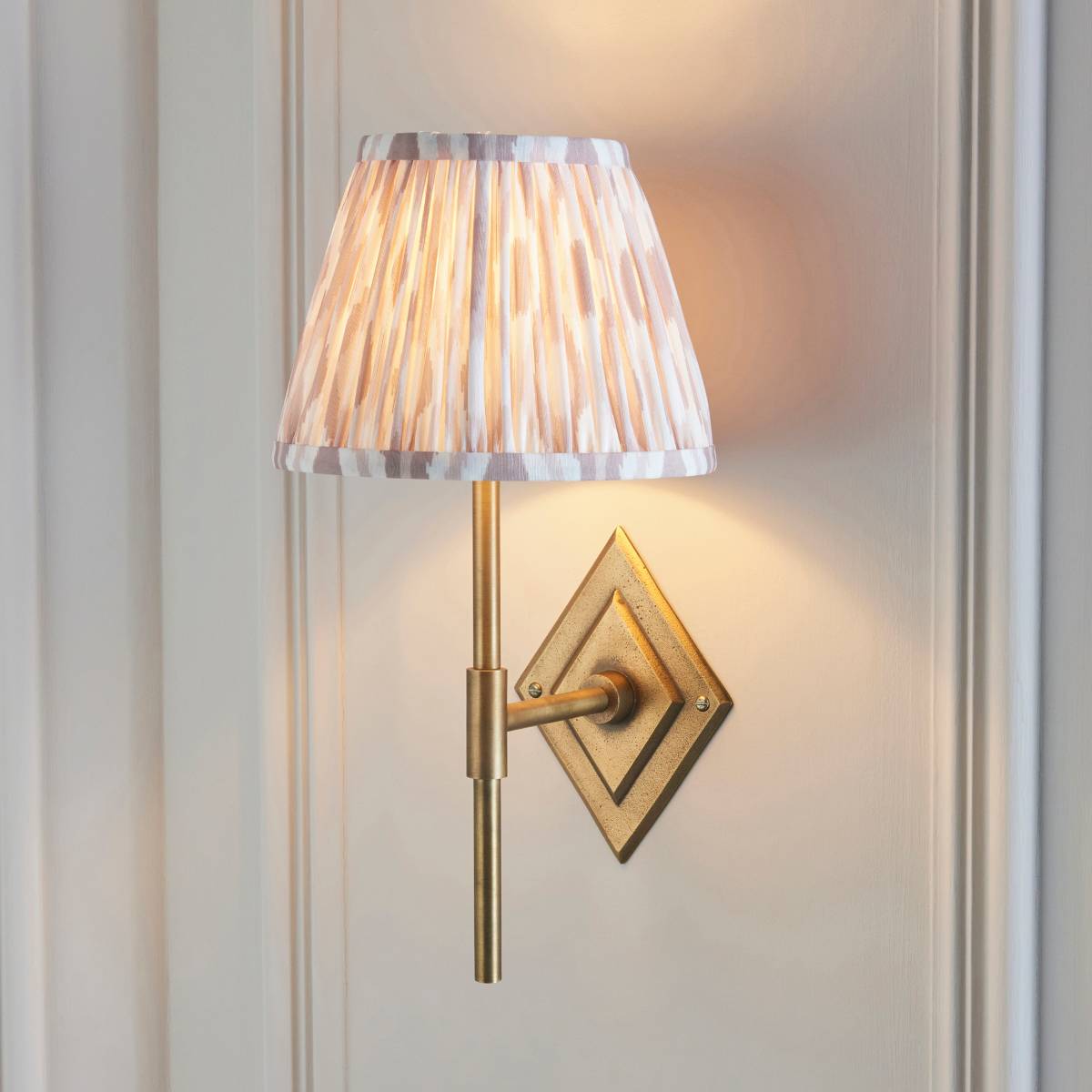 Endon Diamond Tall and Ikat 20cm Wall Light in Antique Brass and Neutral Print Shade