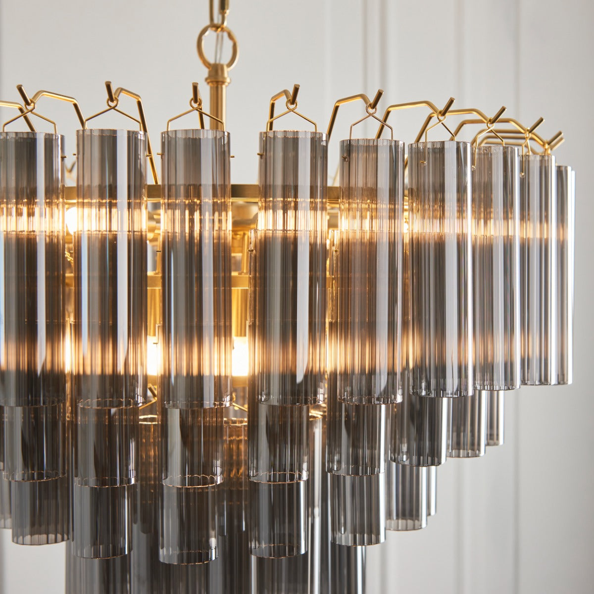 Endon Toulouse 12 Light Pendant Satin Brushed Gold with Smokey Grey Glass