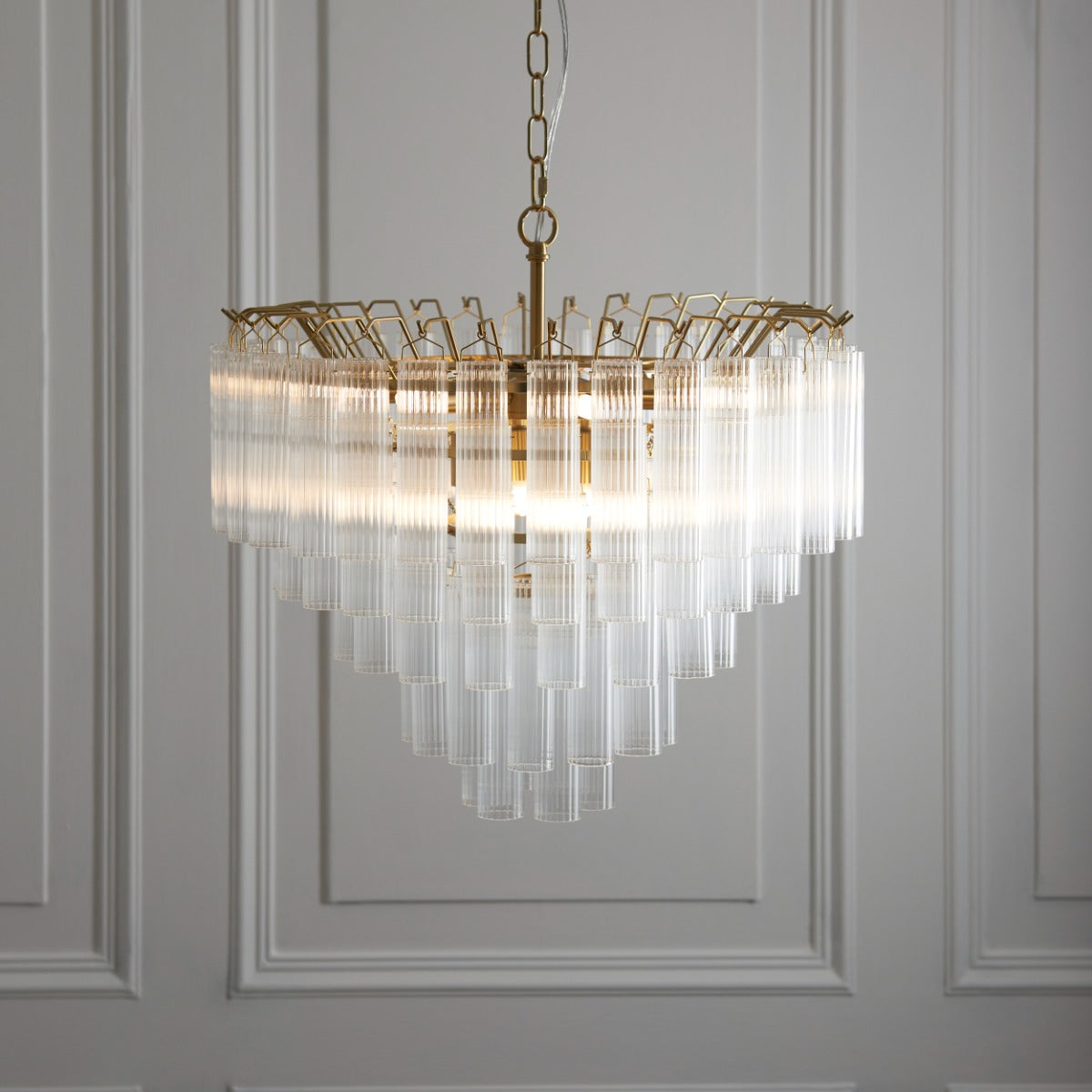 Endon Toulouse 12 Light Pendant in Satin Gold with Ribbed Cylindrical Glass