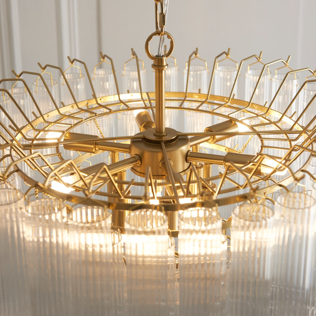 Endon Toulouse 12 Light Pendant in Satin Gold with Ribbed Cylindrical Glass