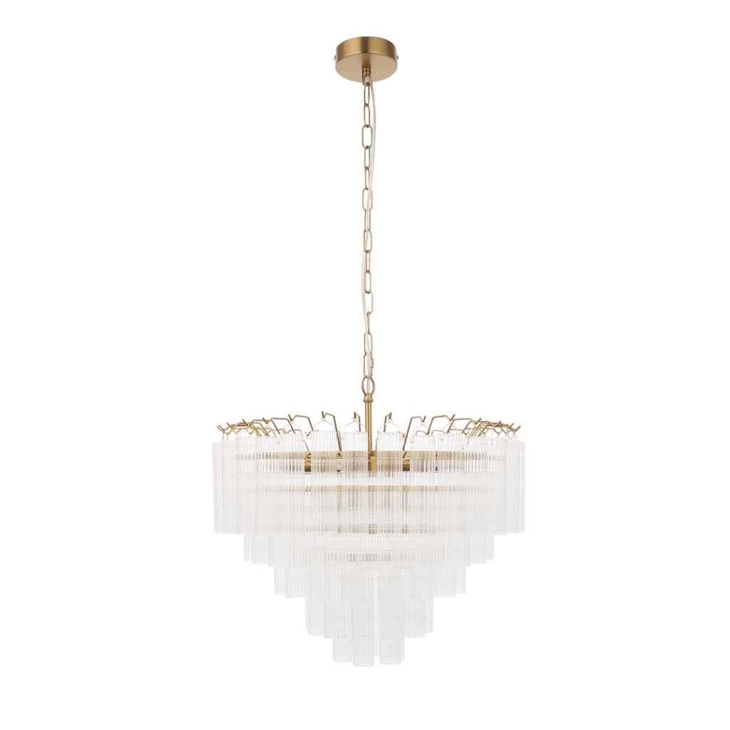 Endon Toulouse 12 Light Pendant in Satin Gold with Ribbed Cylindrical Glass