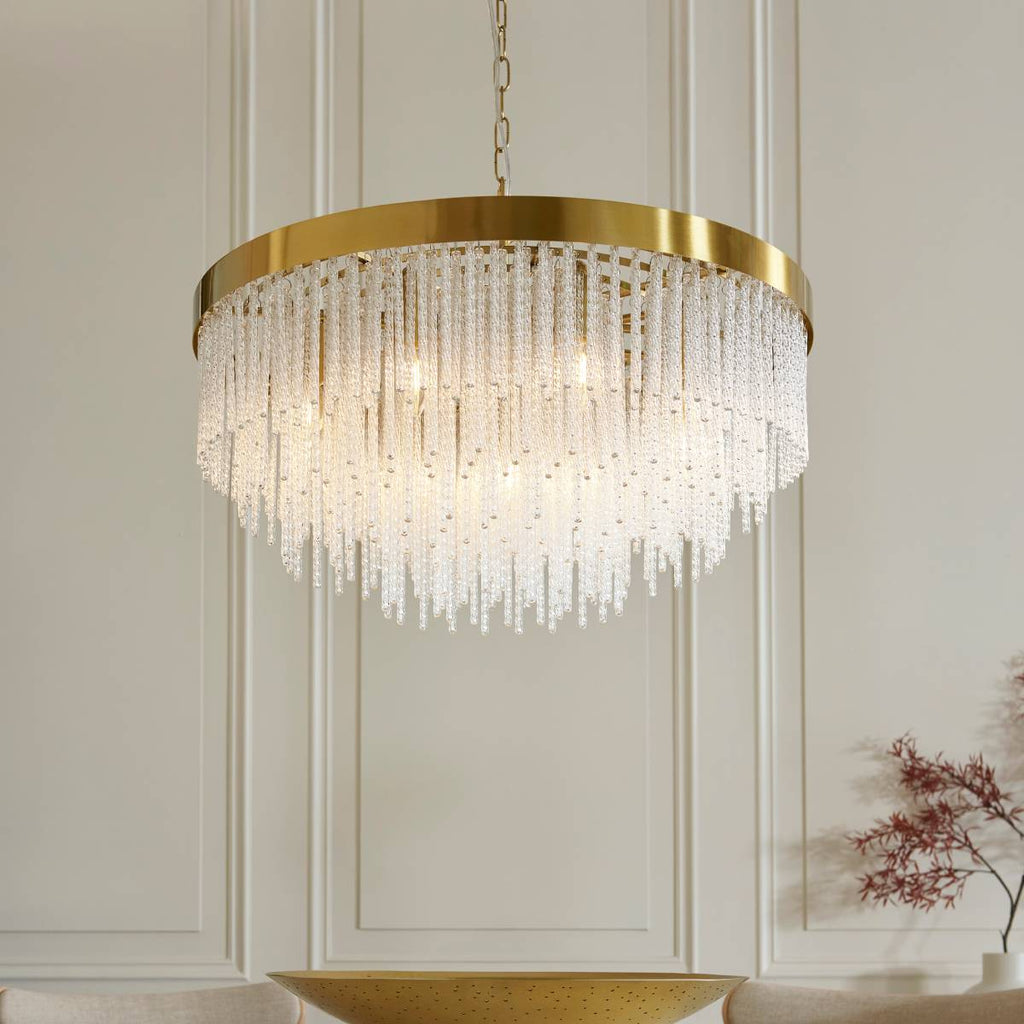 Endon Anistoria Grand 9 Light Pendant in Brushed Aged Brass and Clear Glass Shade