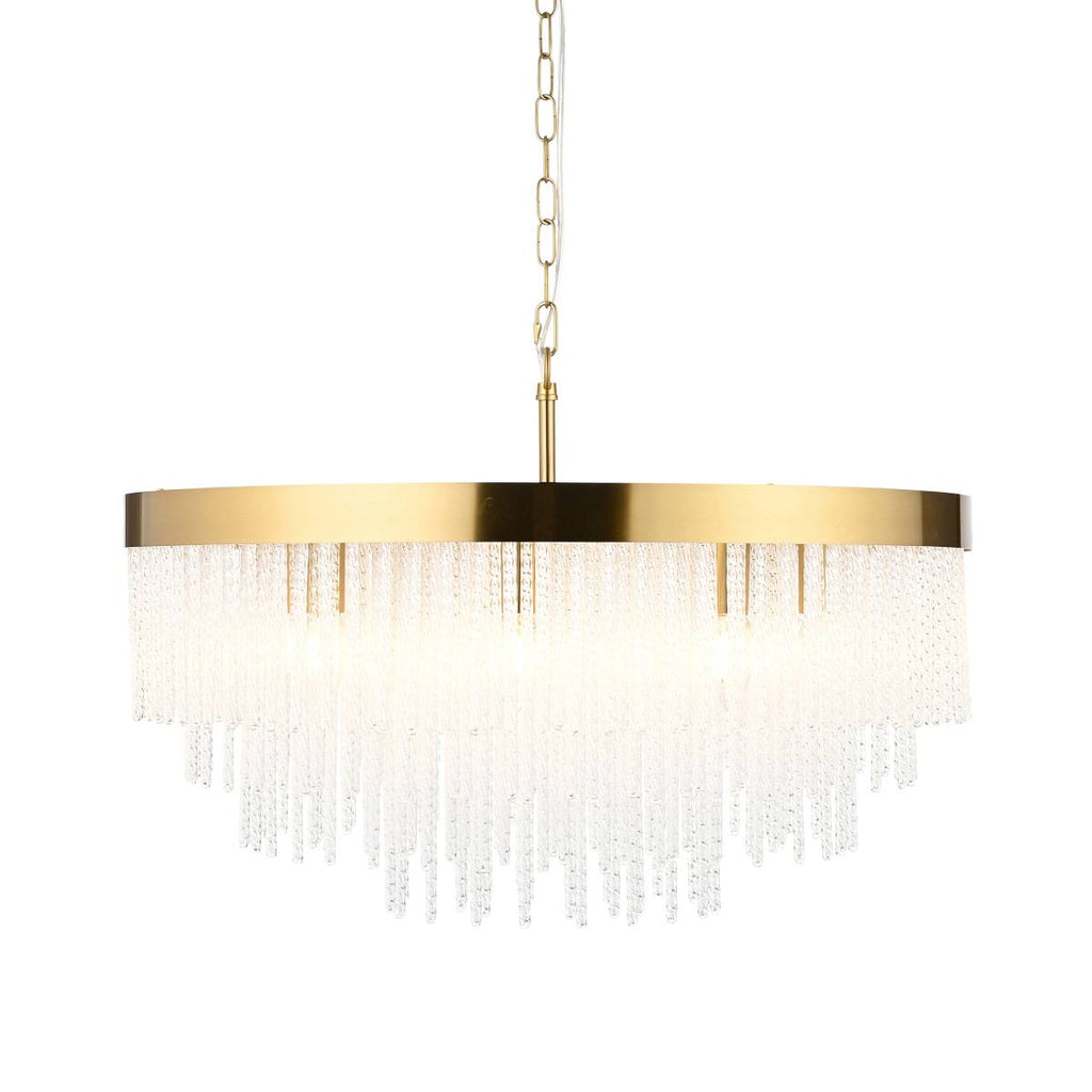 Endon Anistoria Grand 9 Light Pendant in Brushed Aged Brass and Clear Glass Shade