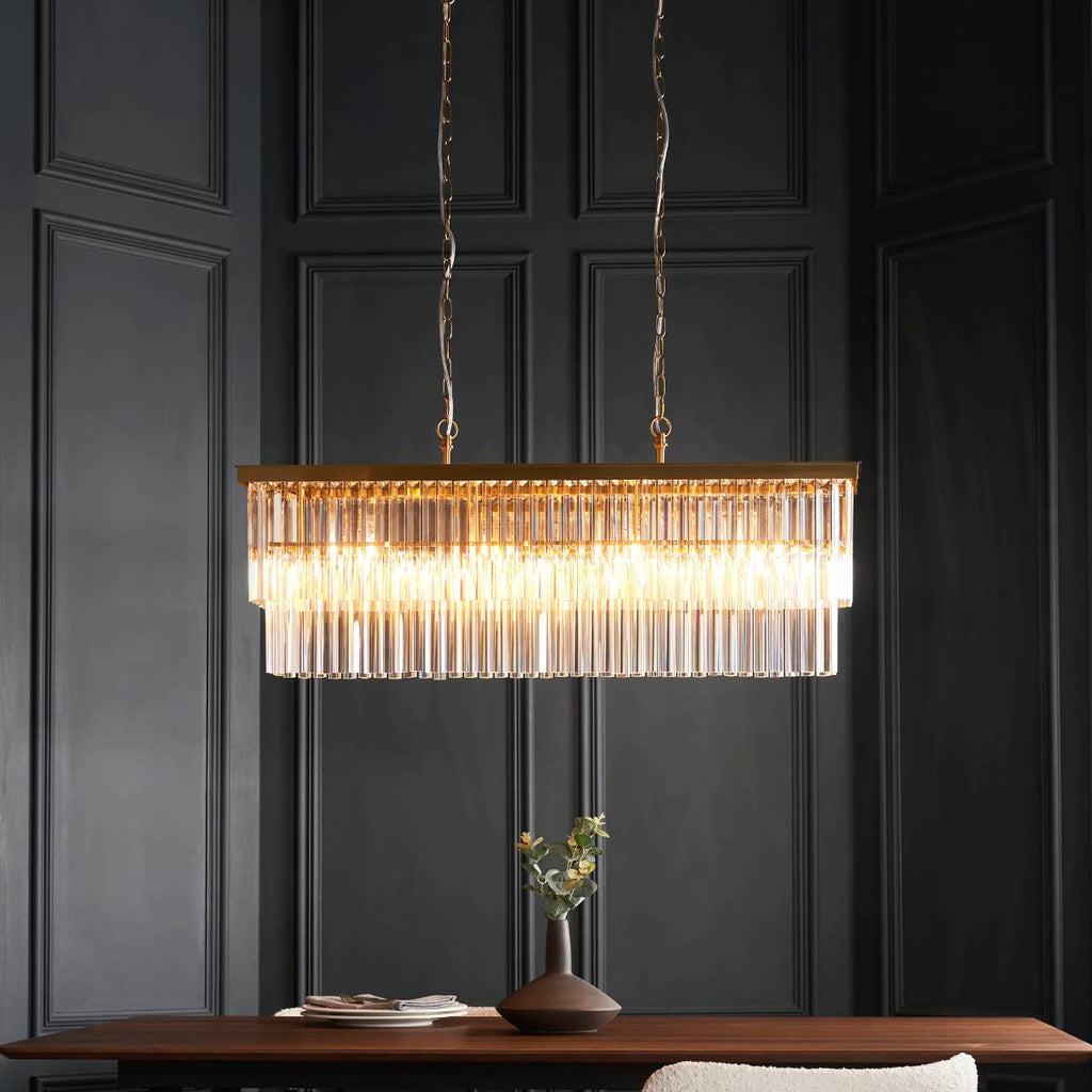 Endon Conaston 4 Light Linear Pendant in Brushed Aged Brass and Clear Cut Glass Shade