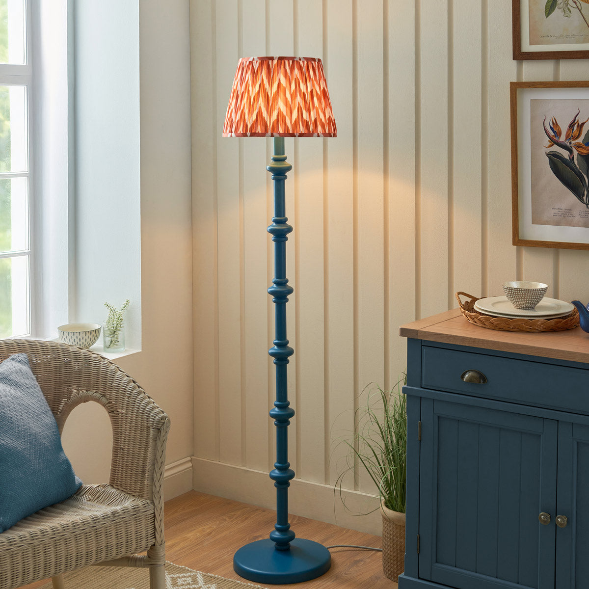 Endon Carnaby & Zigzag 35cm Floor Lamp Satin Marlin Blue Paint with Apricot Orange Shade