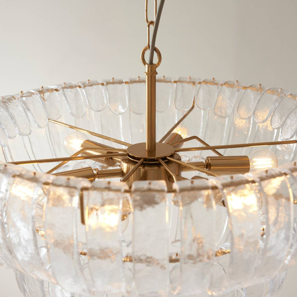 Endon Montrose 6 Light Pendant in Brushed Aged Brass and Handmade Clear Textured Glass Shade