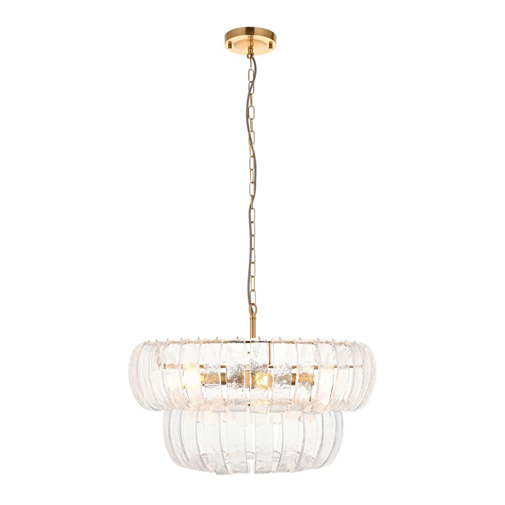 Endon Montrose 6 Light Pendant in Brushed Aged Brass and Handmade Clear Textured Glass Shade