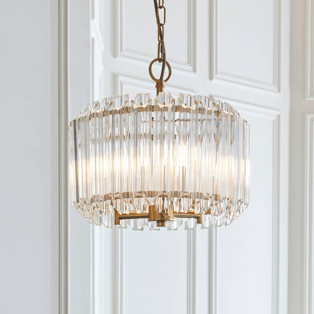 Endon Valentina 3 Light Pendant in Brushed Aged Brass and Clear Glass Shade