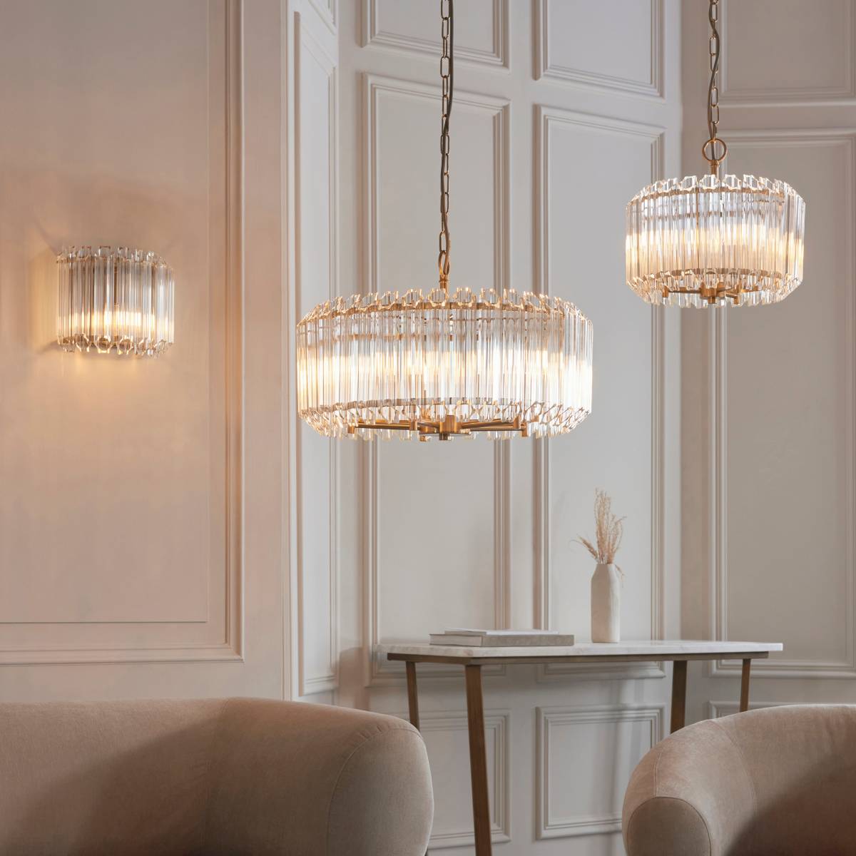 Endon Valentina 3 Light Pendant in Brushed Aged Brass and Clear Glass Shade