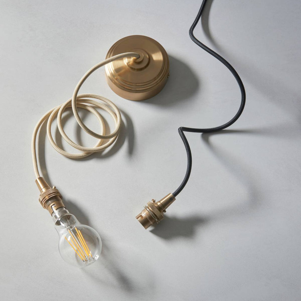 Endon Eltham Pendant Light Brushed Aged Brass and Black Braided Flex