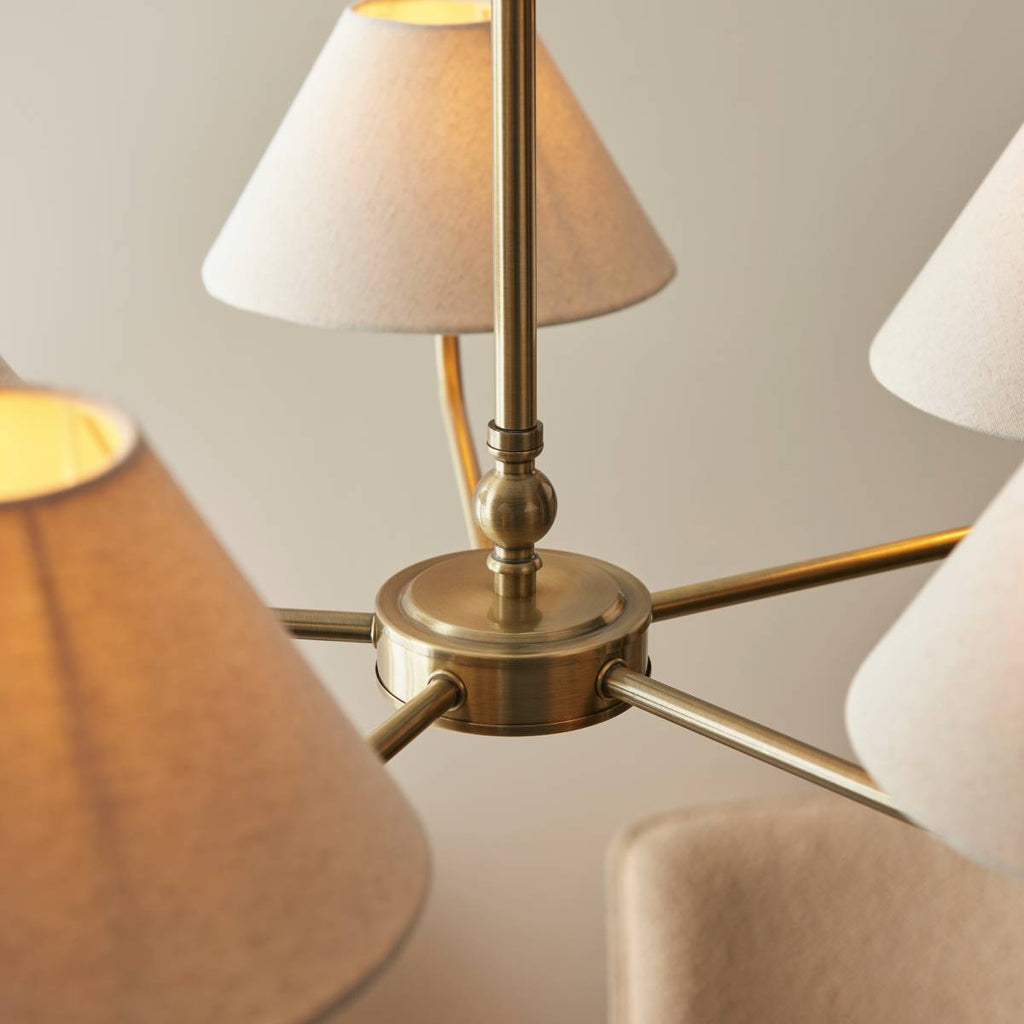 Endon Lille 5 Light Pendant in Antique Brass and Natural Faux Linen Shade