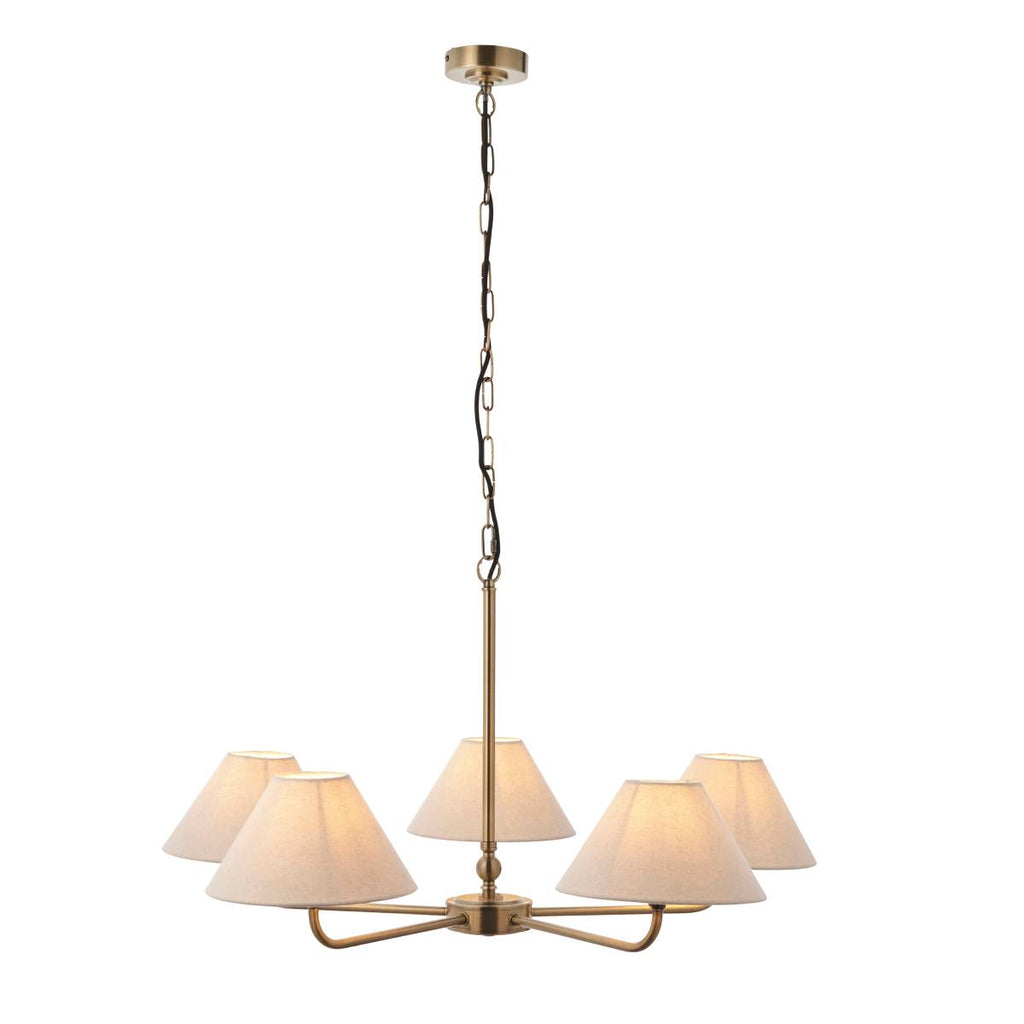 Endon Lille 5 Light Pendant in Antique Brass and Natural Faux Linen Shade