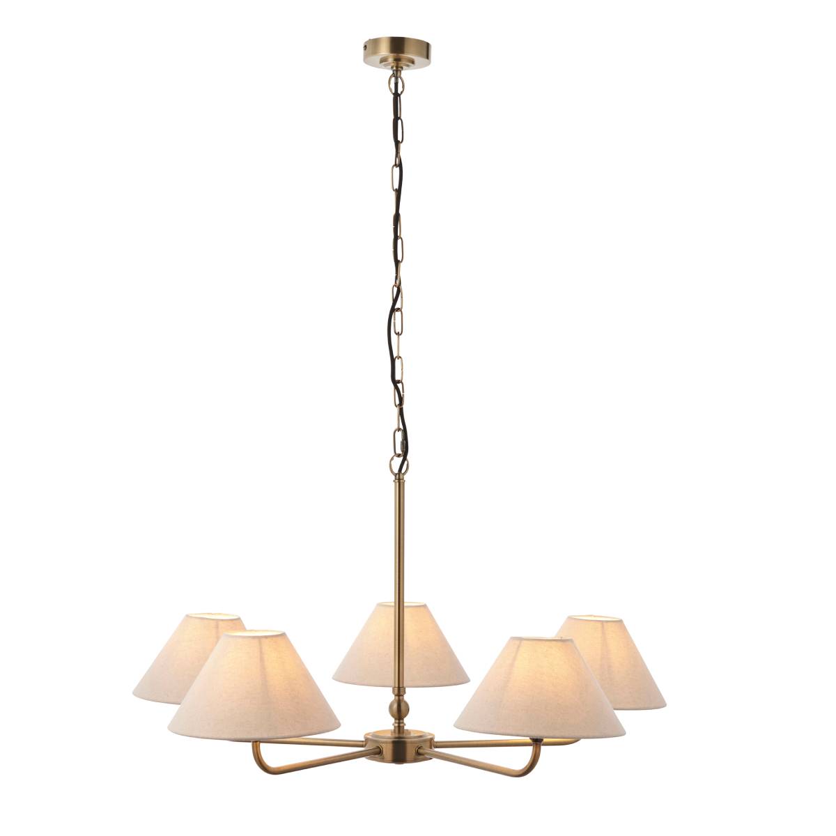 Endon Lille 5 Light Pendant in Antique Brass and Natural Faux Linen Shade