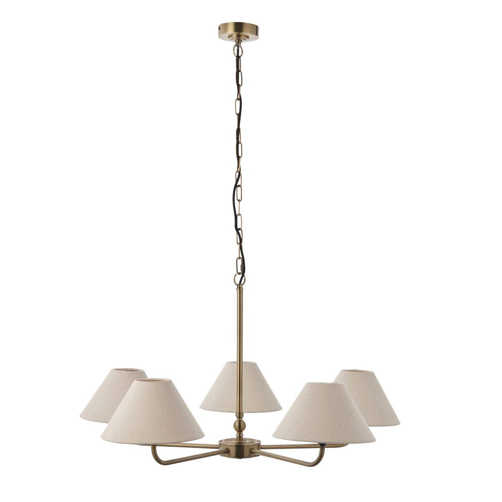 Endon Lille 5 Light Pendant in Antique Brass and Natural Faux Linen Shade