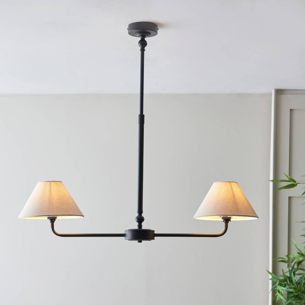 Endon Lille 2 Light Pendant in Matt Black and Natural Faux Linen Shade
