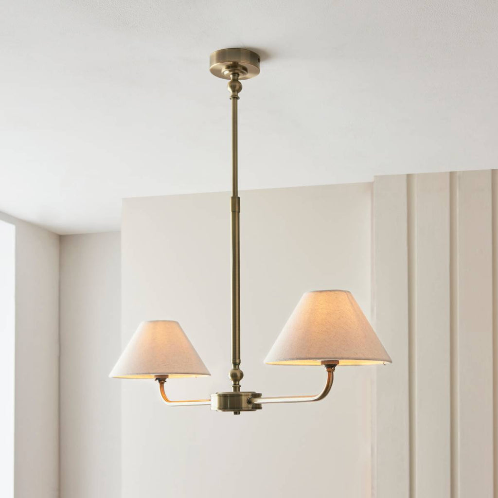 Endon Lille 2 Light Pendant in Antique Brass and Natural Faux Linen Shade