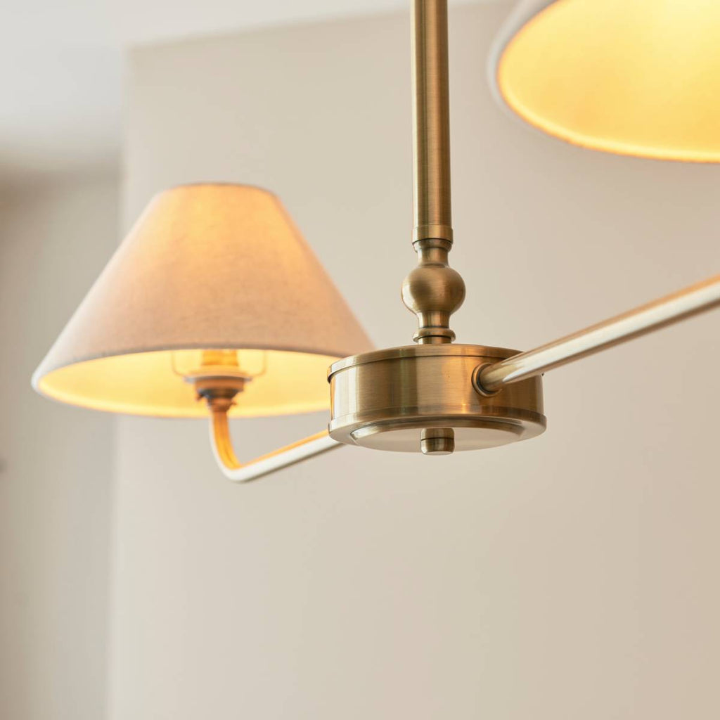 Endon Lille 2 Light Pendant in Antique Brass and Natural Faux Linen Shade