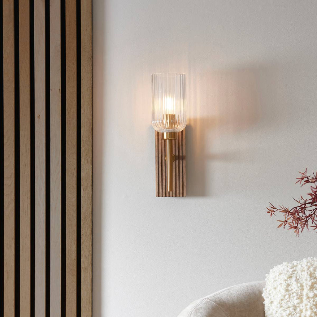 Endon Grove Wall Light in Dark Beechwood and Vintage Brass With Clear Ribbed Glass Shade