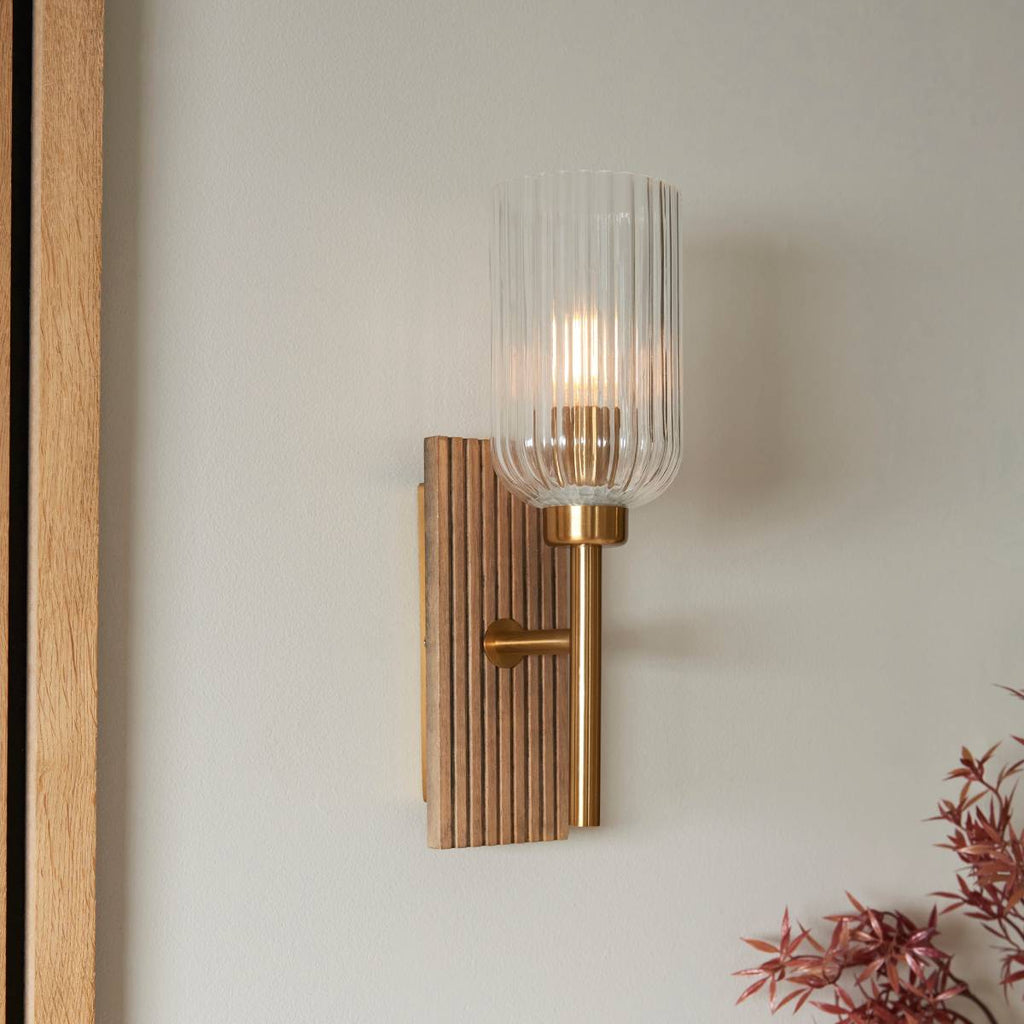 Endon Grove Wall Light in Dark Beechwood and Vintage Brass With Clear Ribbed Glass Shade