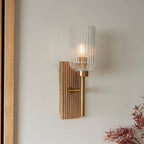 Endon Grove Wall Light in Dark Beechwood and Vintage Brass With Clear Ribbed Glass Shade