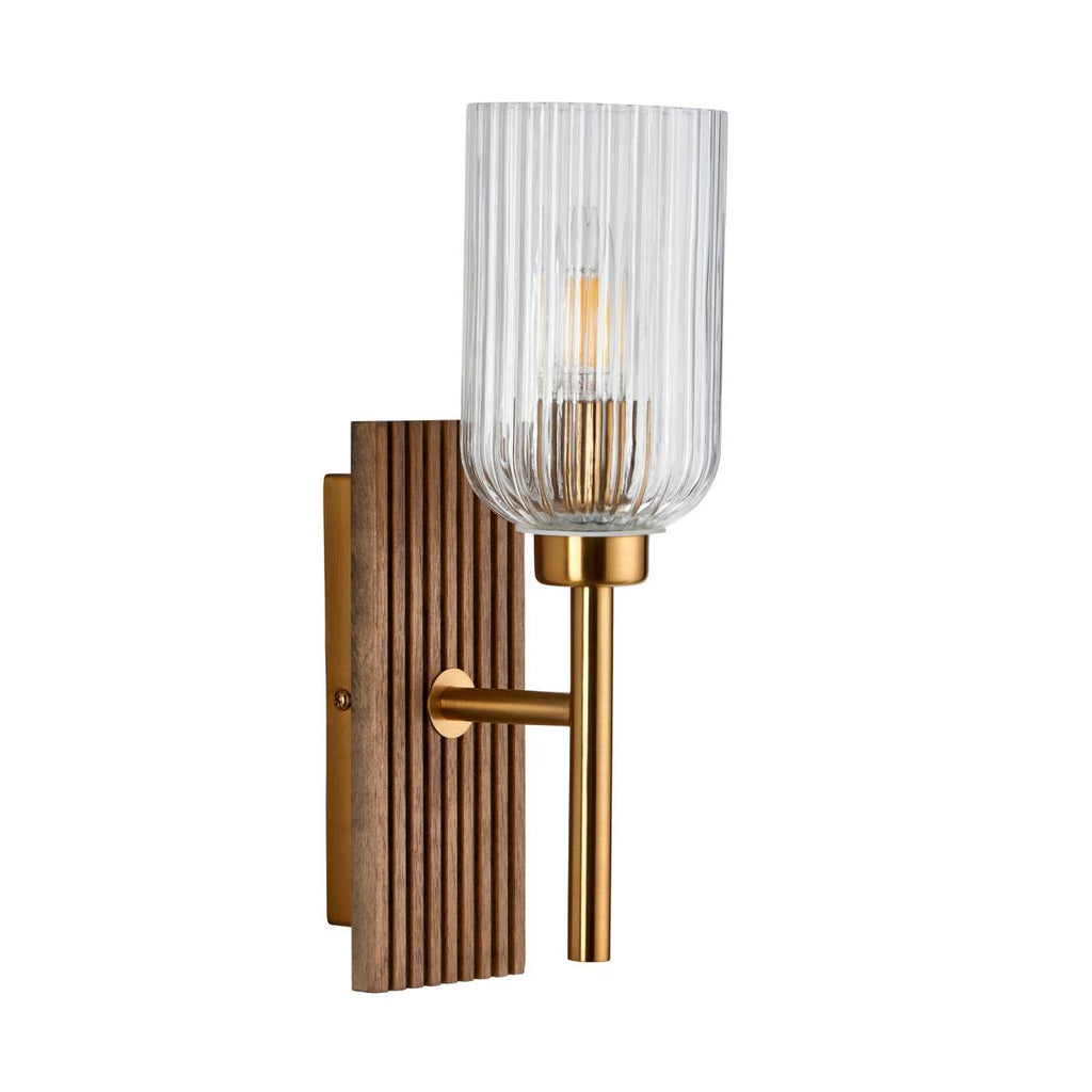 Endon Grove Wall Light in Dark Beechwood and Vintage Brass With Clear Ribbed Glass Shade