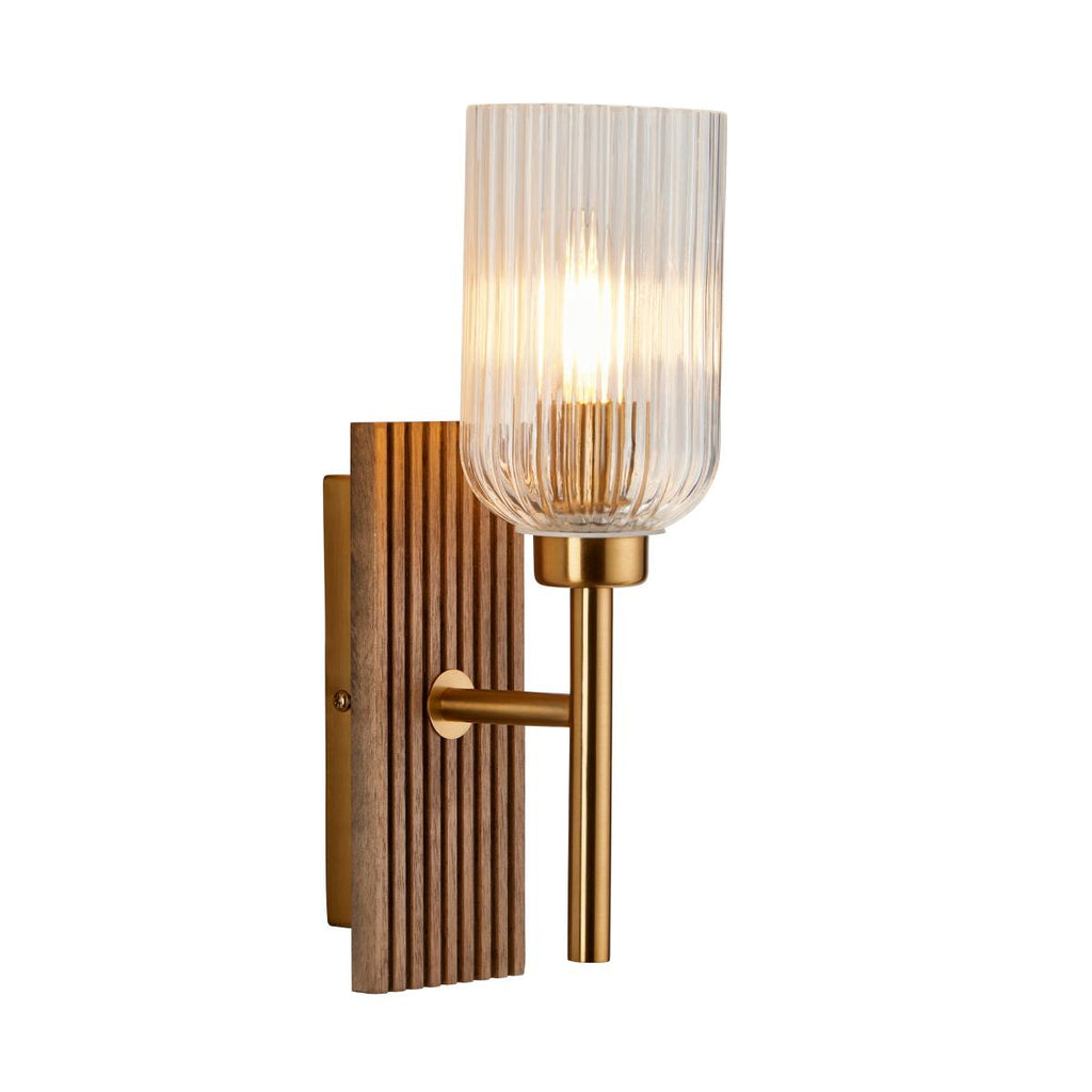 Endon Grove Wall Light in Dark Beechwood and Vintage Brass With Clear Ribbed Glass Shade