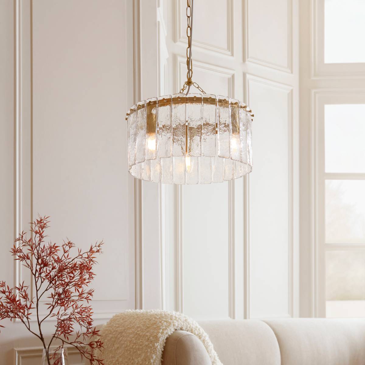 Endon Karine 3 Light Pendant in Brushed Aged Brass and Clear Handmade Textured Glass Shade