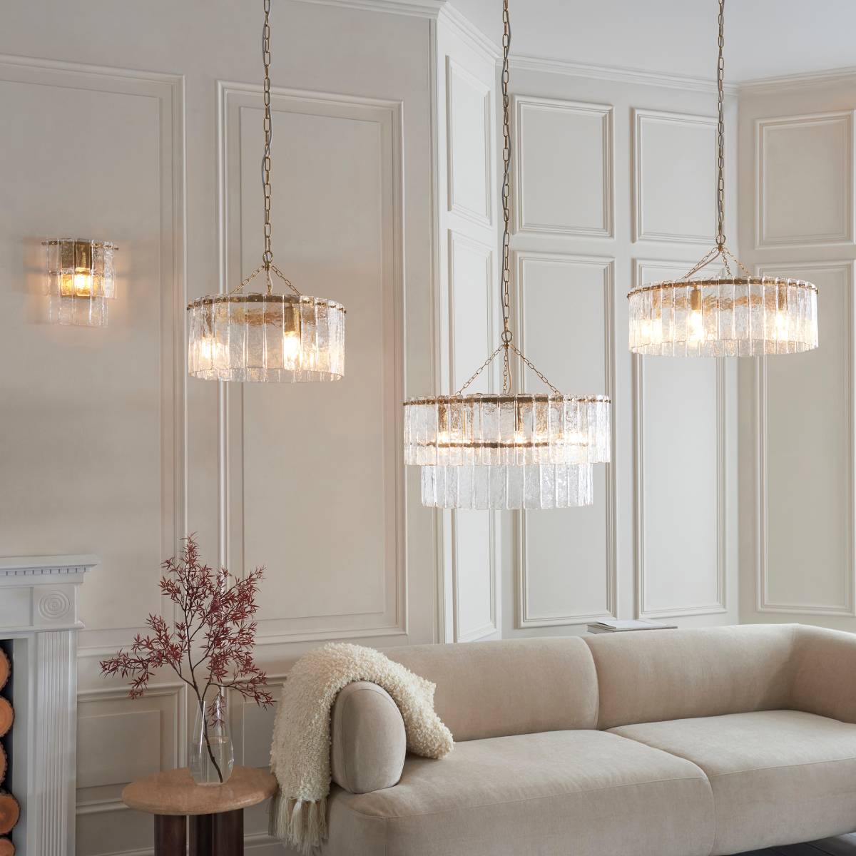 Endon Karine 3 Light Pendant in Brushed Aged Brass and Clear Handmade Textured Glass Shade