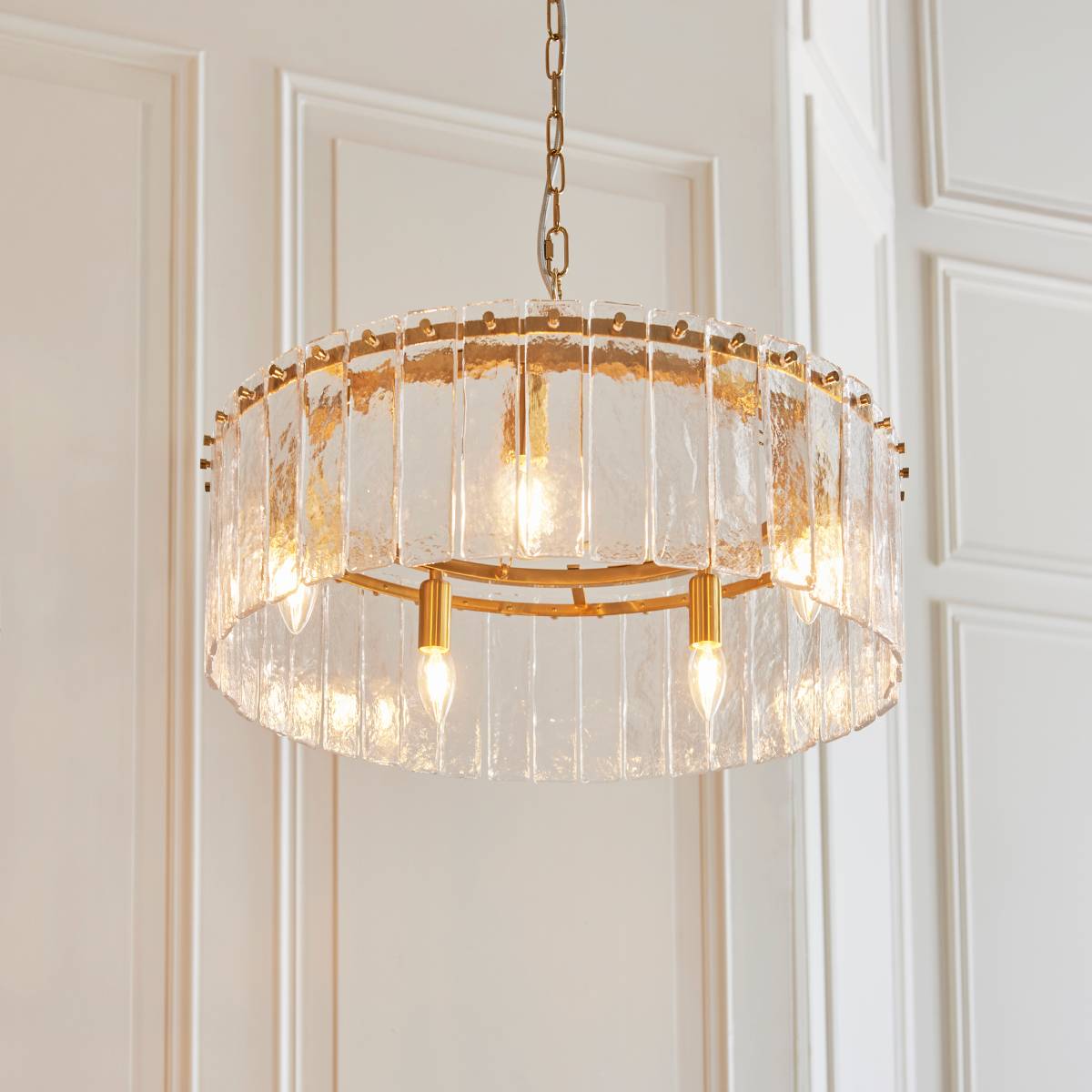 Endon Karine 5 Light Pendant in Brushed Aged Brass and Clear Handmade Textured Glass Shade