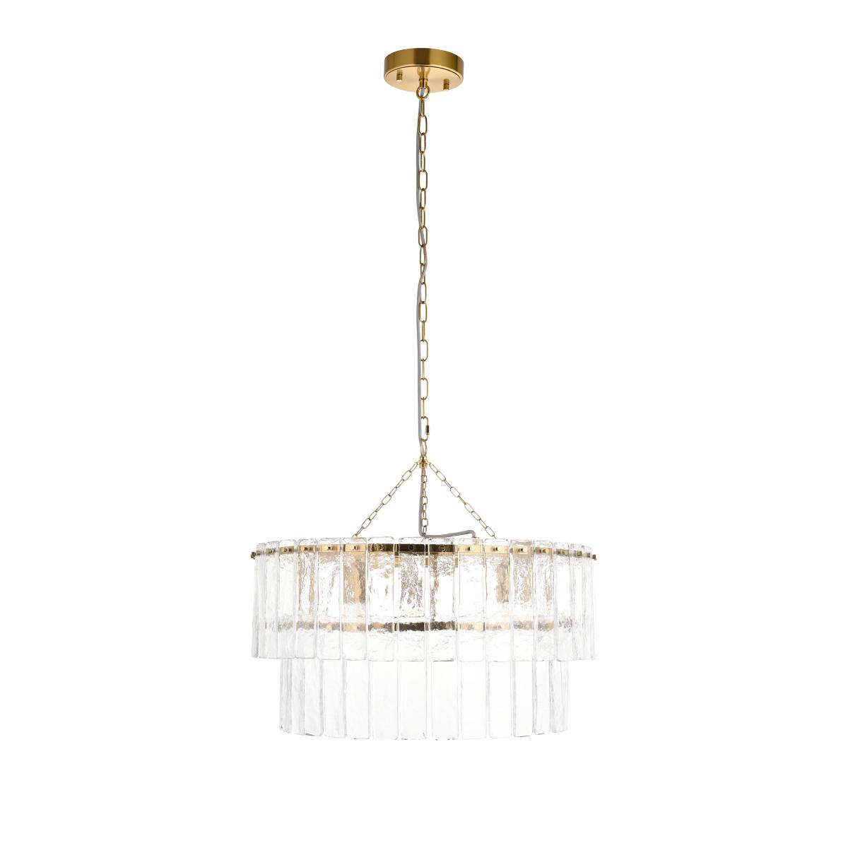 Endon Karine 5 Light Tiered Pendant in Brushed Aged Brass and Clear Handmade Textured Glass Shade
