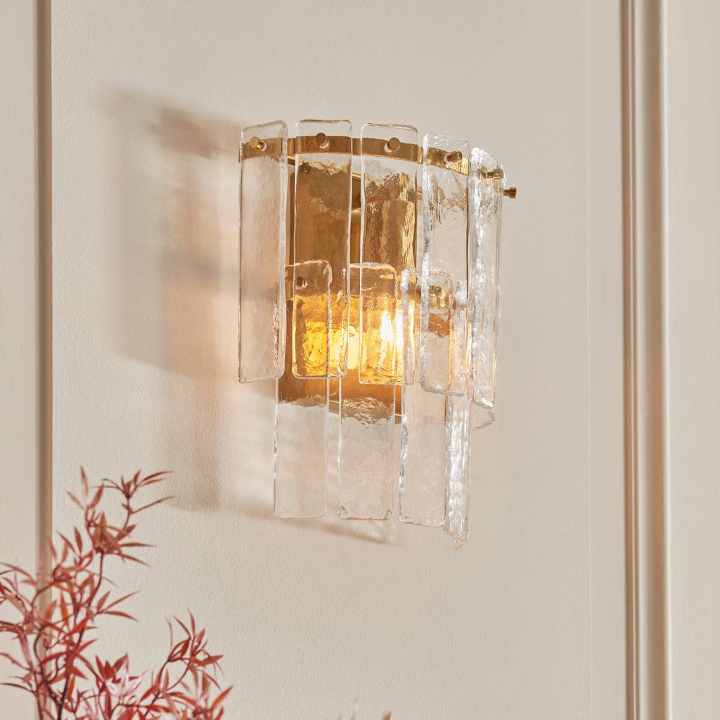 Endon Karine Wall Light in Brushed Aged Brass and Clear Handmade Textured Glass Shade