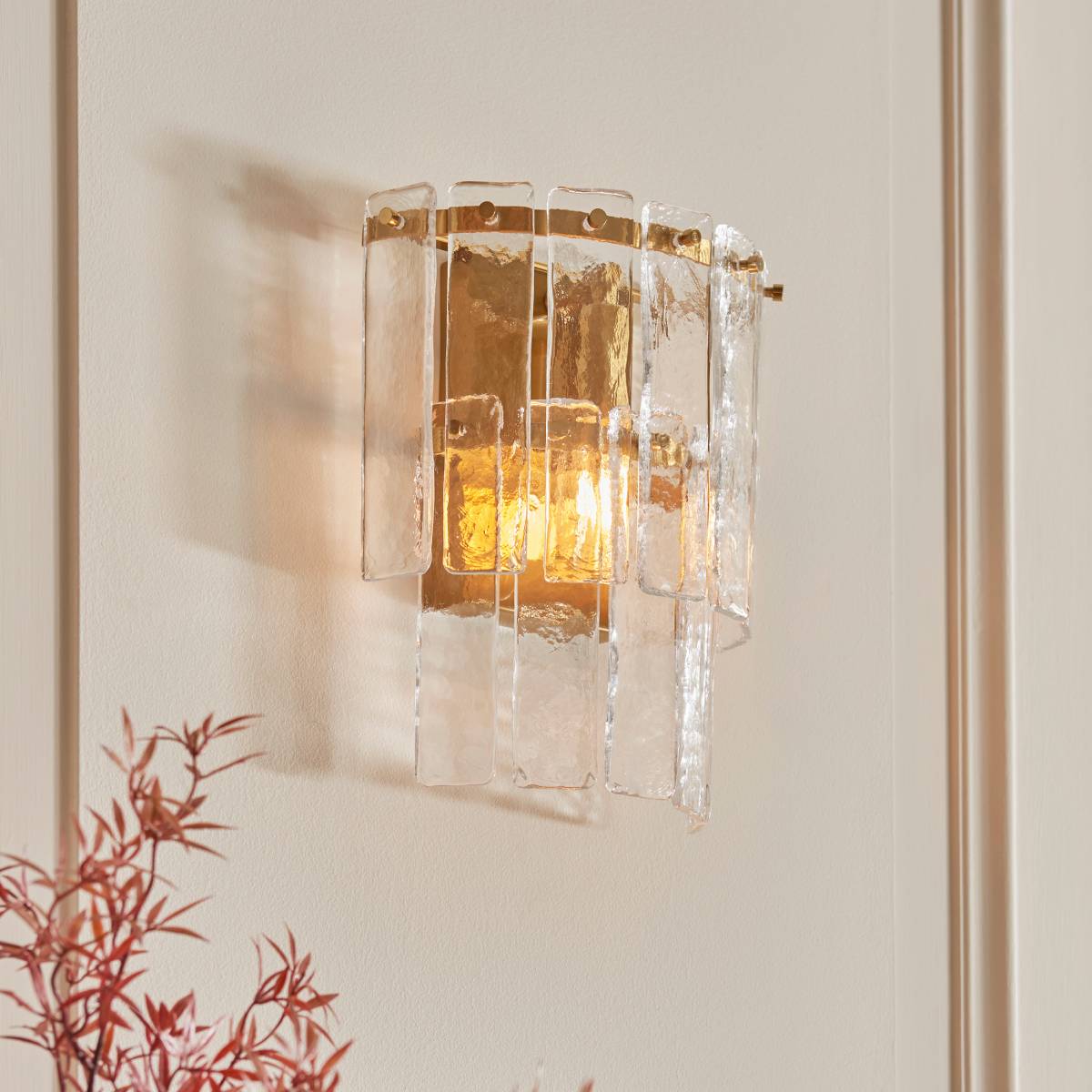 Endon Karine Wall Light in Brushed Aged Brass and Clear Handmade Textured Glass Shade