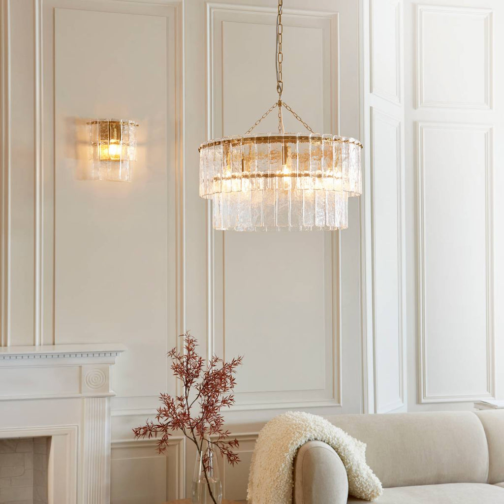 Endon Karine Wall Light in Brushed Aged Brass and Clear Handmade Textured Glass Shade