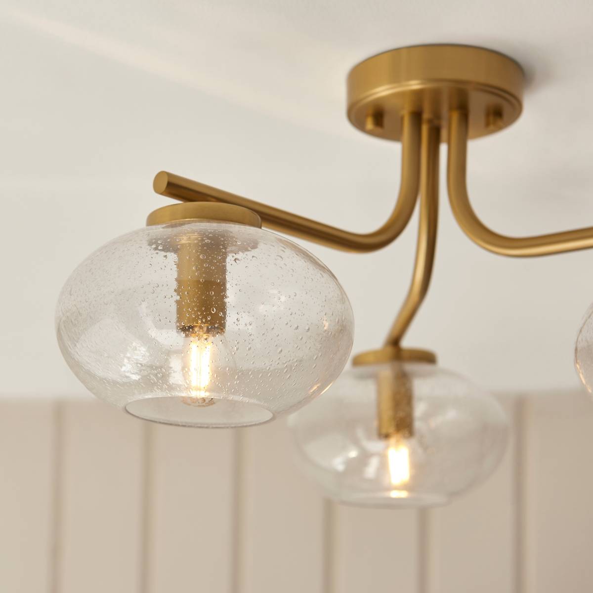 Endon Jacob 3 Light Semi Flush Fitting in Warm Brass with Clear Bubble Glass Shade