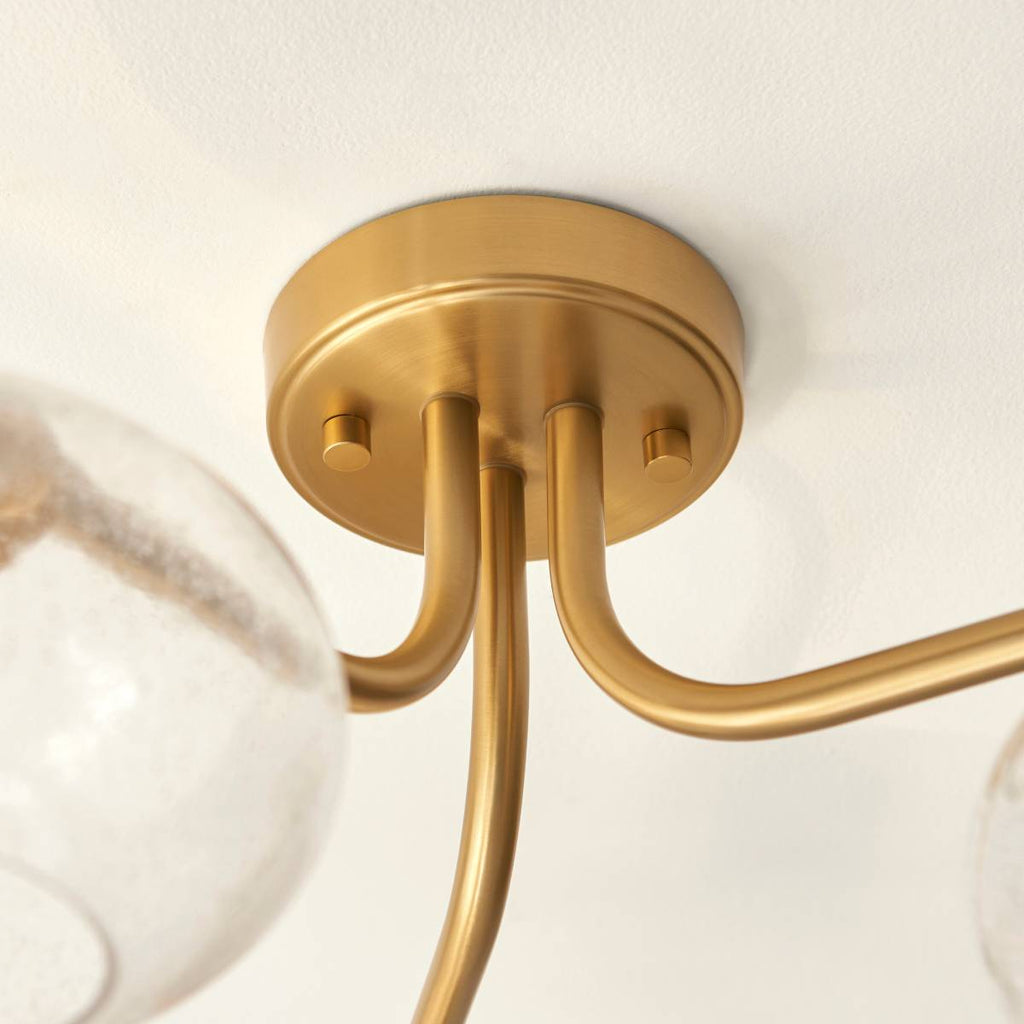 Endon Jacob 3 Light Semi Flush Fitting in Warm Brass with Clear Bubble Glass Shade