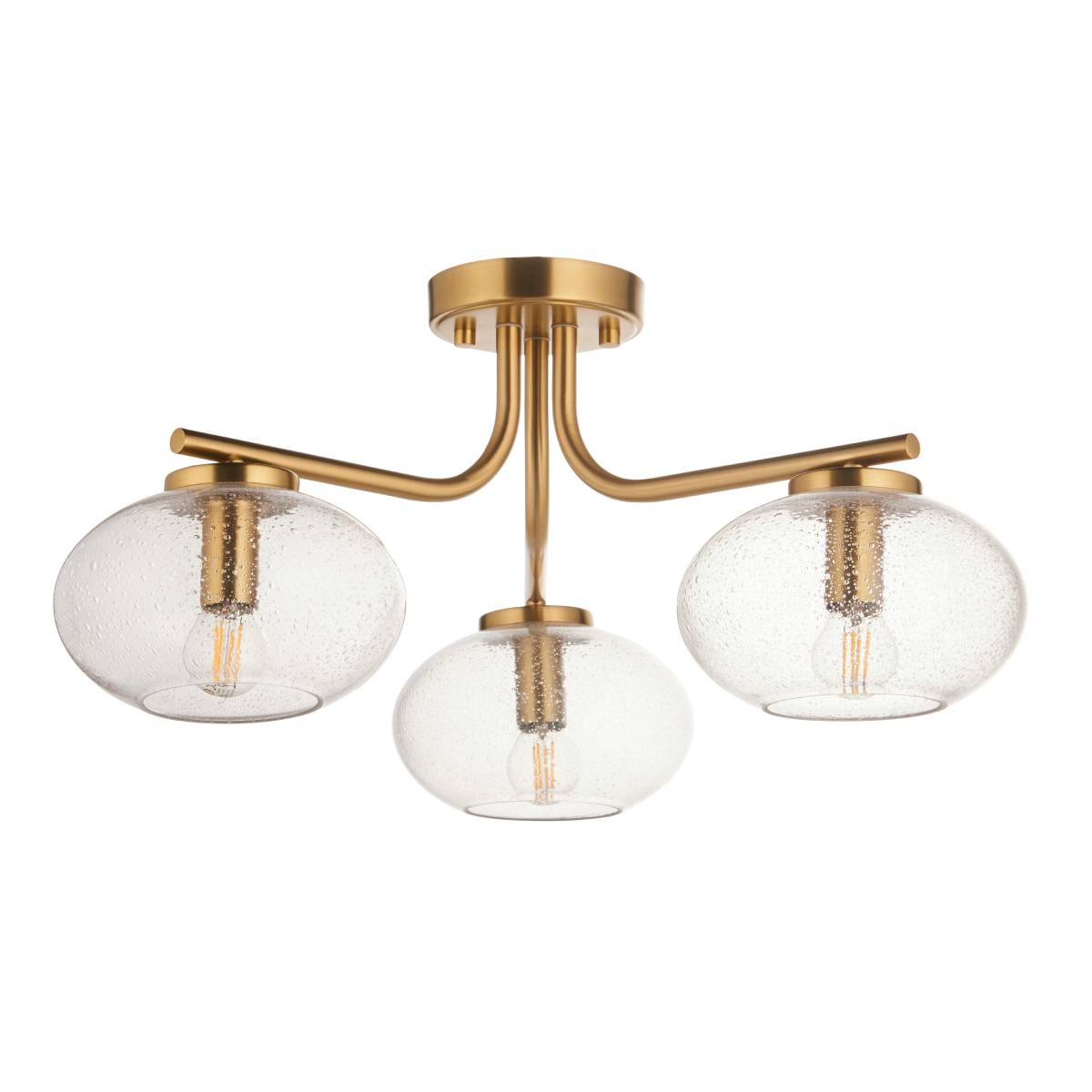 Endon Jacob 3 Light Semi Flush Fitting in Warm Brass with Clear Bubble Glass Shade
