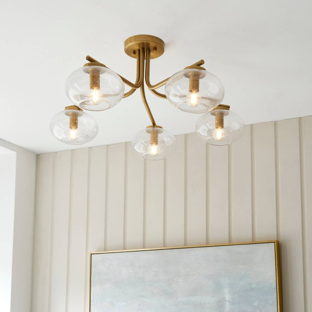 Endon Jacob 5 Light Semi Flush Fitting in Warm Brass with Clear Bubble Glass Shade
