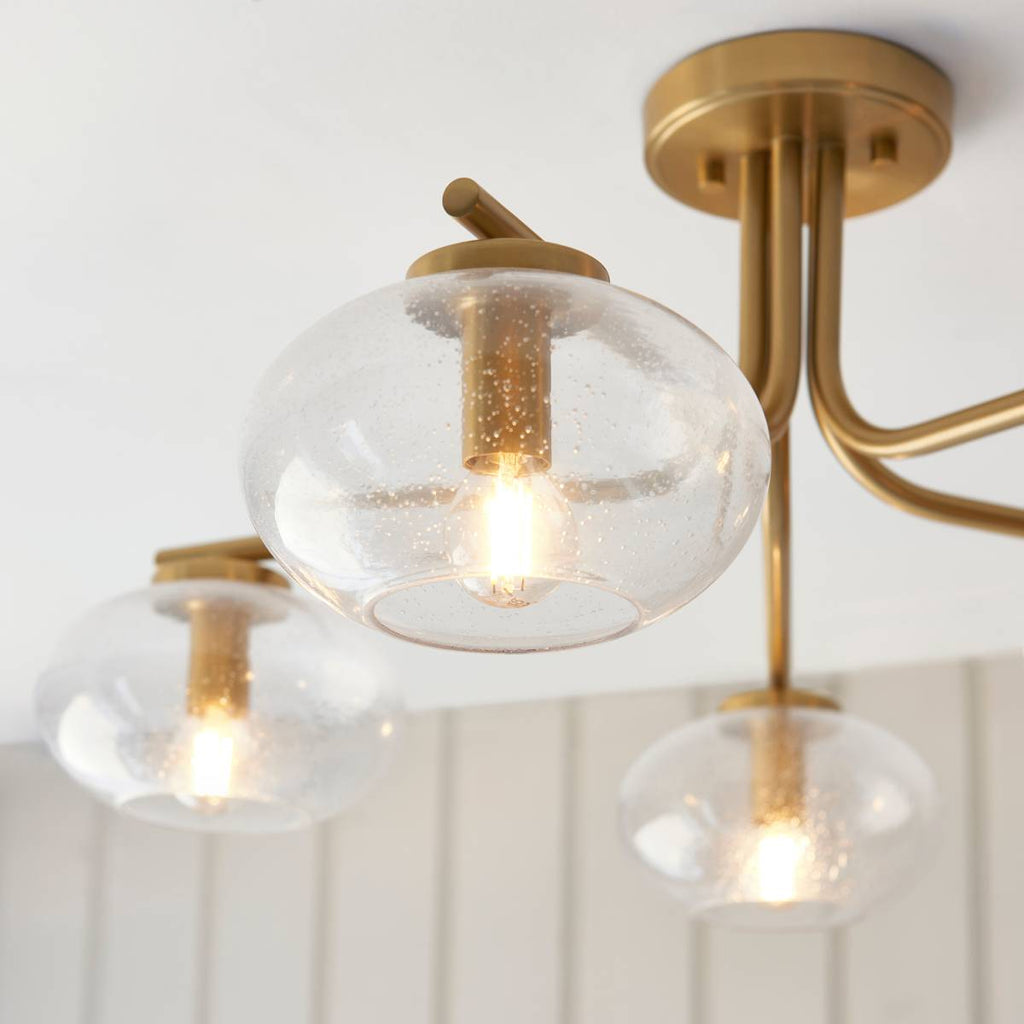 Endon Jacob 5 Light Semi Flush Fitting in Warm Brass with Clear Bubble Glass Shade